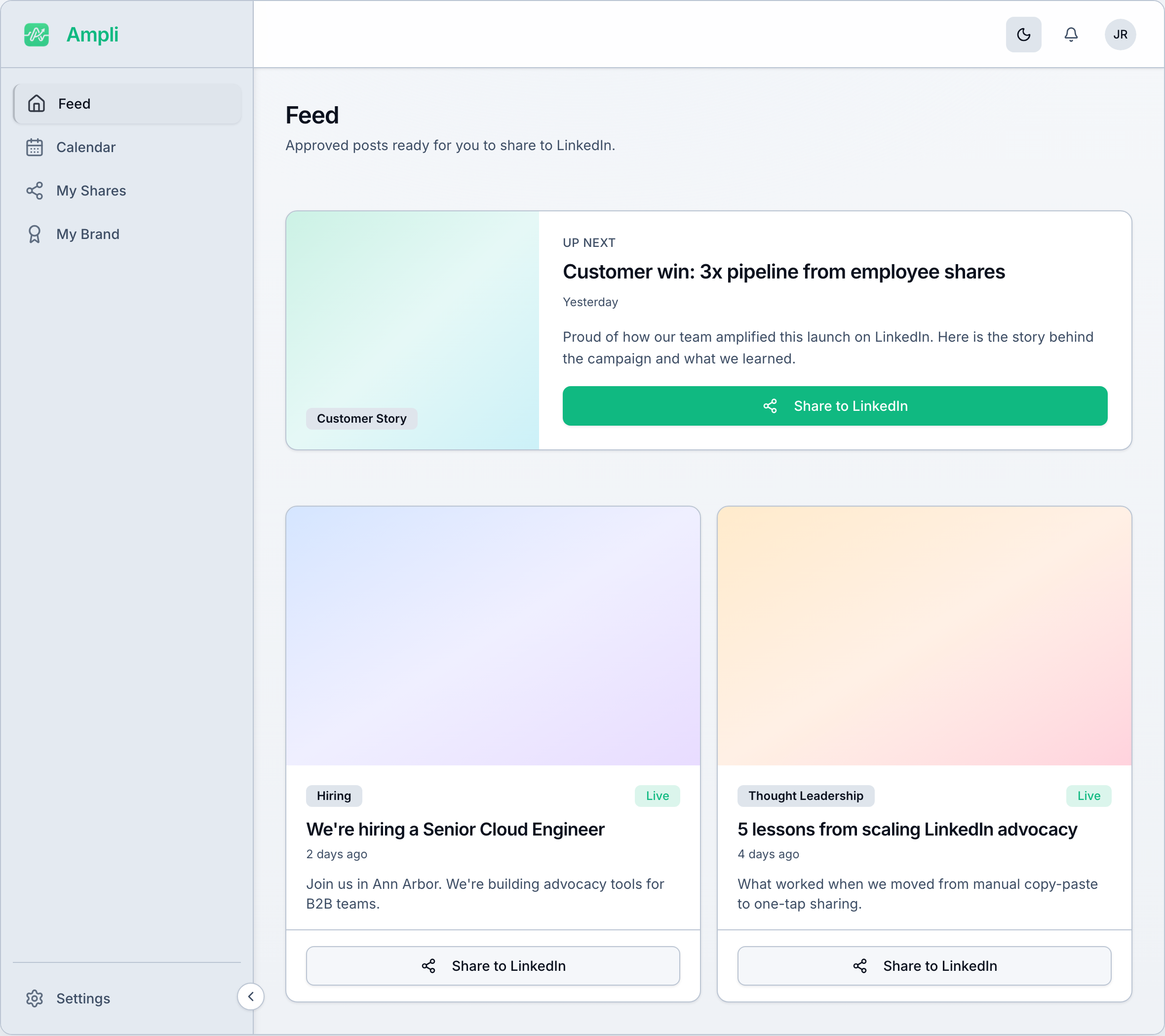 Ampli employee feed with approved LinkedIn posts ready to share
